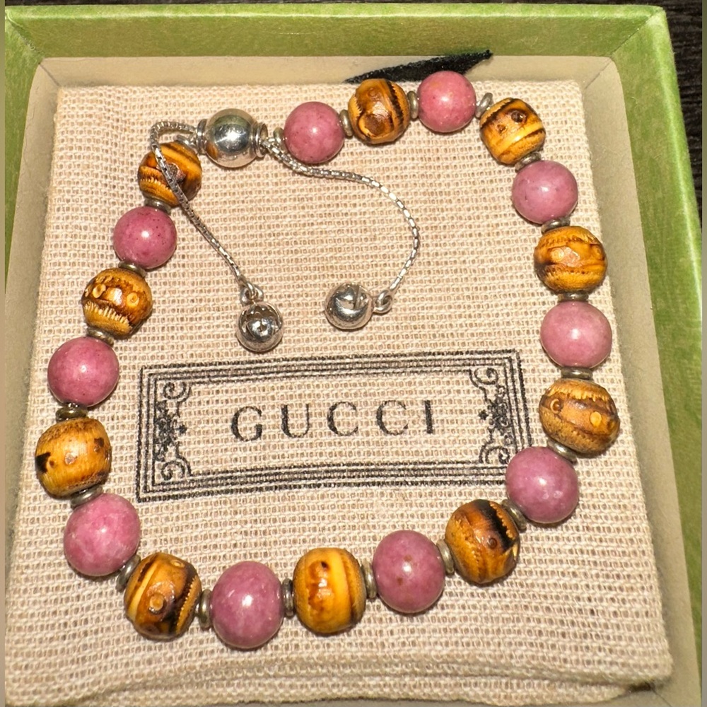 Authentic Gucci Silver 925 Bamboo Ball Pink Stone Chain Bracelet 21cm with Box